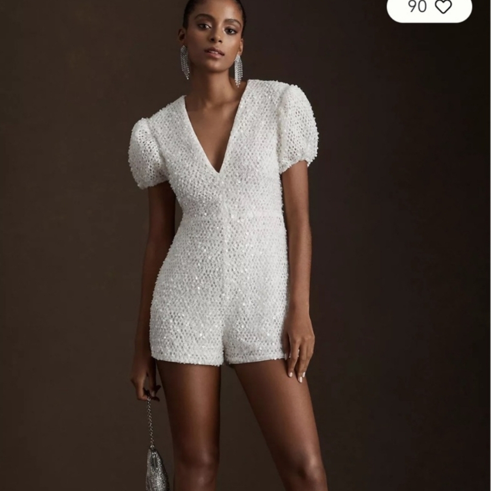 By Watters Fizz V-neck Elegant White Beaded Romper- Anthropologie NWT